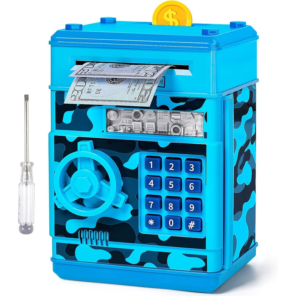 Vcertcpl ATM piggy bank camouflage green front view showing electronic keypad and coin entry slot