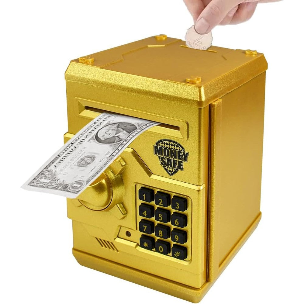 Totola electronic mini atm piggy bank front view in metallic gold finish showing automatic paper bill slot