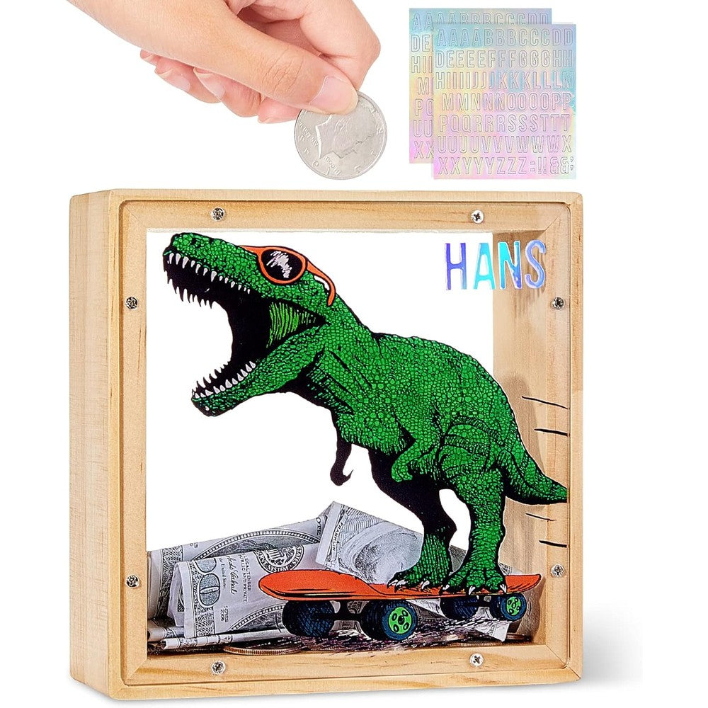 ICOSY wooden piggy bank front view showing green dinosaur design with clear acrylic panel