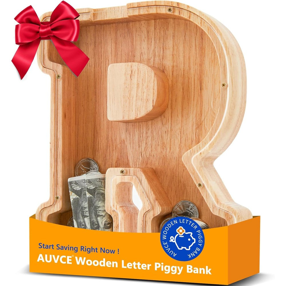 Auvce wooden initial letter R piggy bank front view showing transparent acrylic coin compartment.