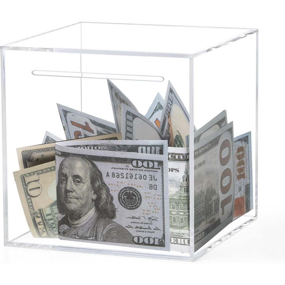 Kypeeka clear acrylic piggy bank front view showing transparent cash storage box filled with coins