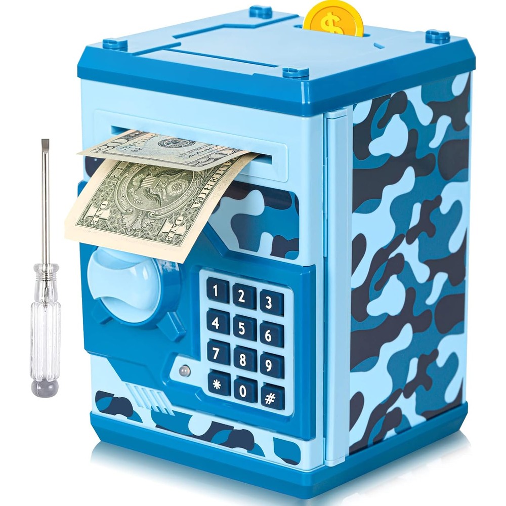 Vcertcpl mini ATM piggy bank in camouflage blue showing the front digital keypad and automatic bill feeder slot.