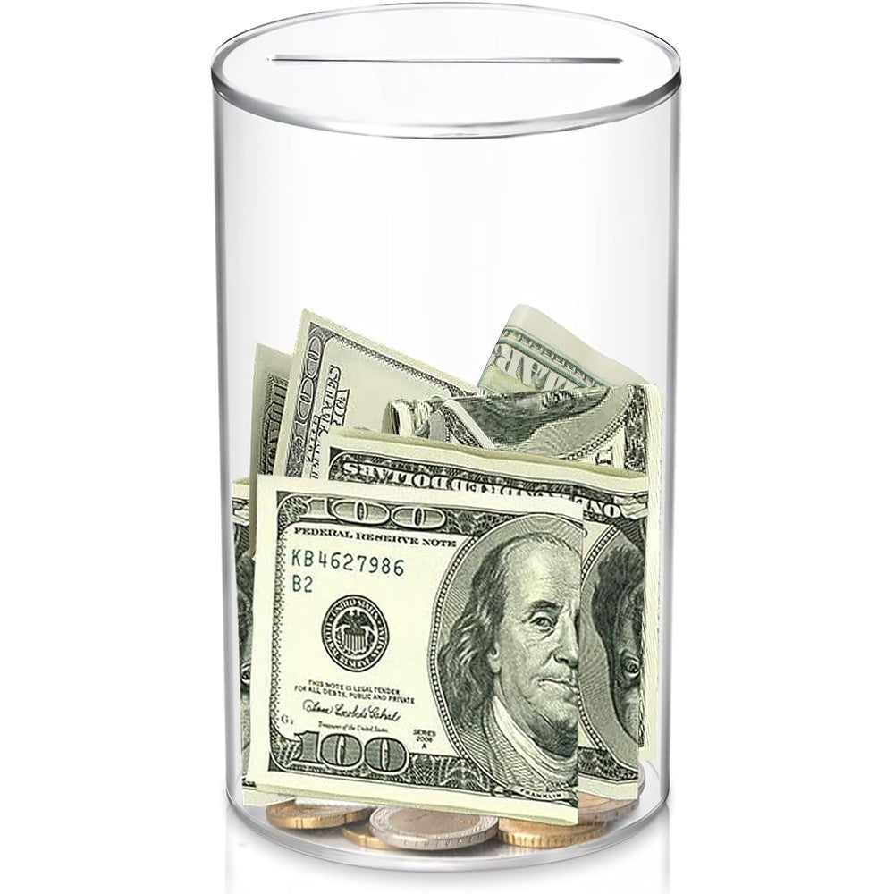 Hizgo clear acrylic unopenable piggy bank front view displaying coin slot