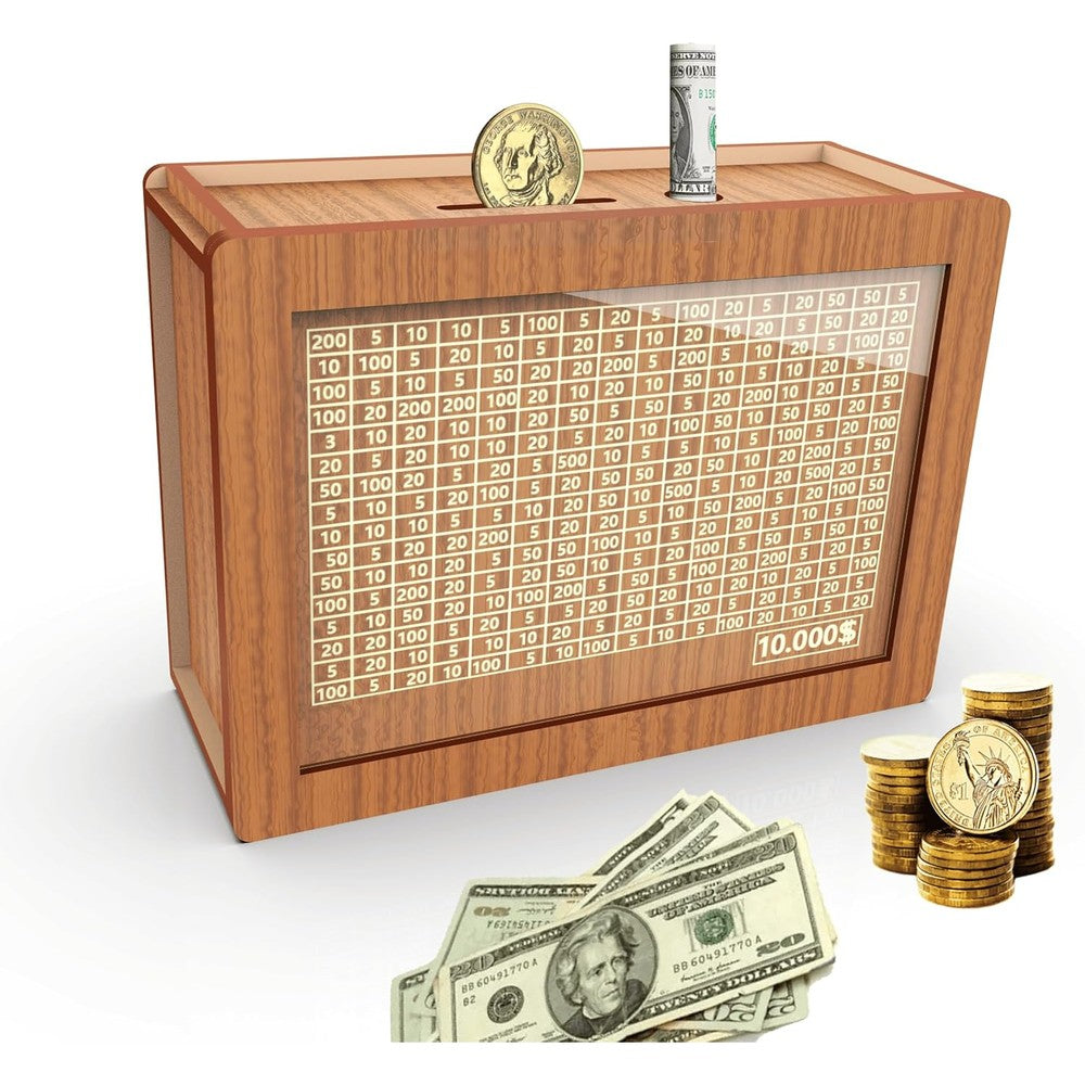 Cyanlux wooden money saving challenge box front view showing the number tracking grid