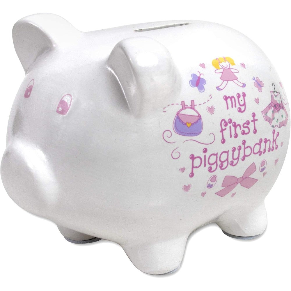 Baby Essentials My First Piggy Bank front view showing hand-painted pink butterflies and doll details on white ceramic.