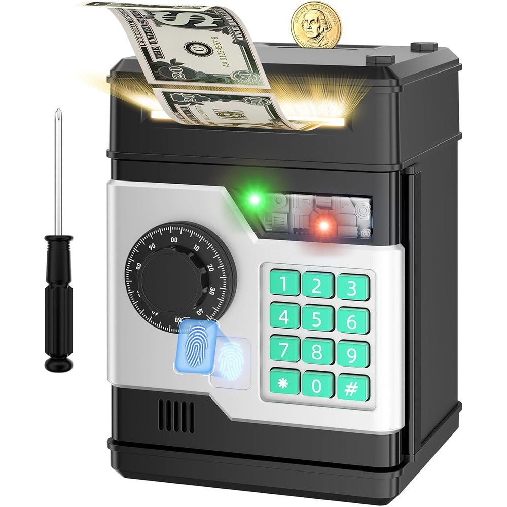 NAFEIV automatic electronic piggy bank front view showing black digital keypad and cash slot.