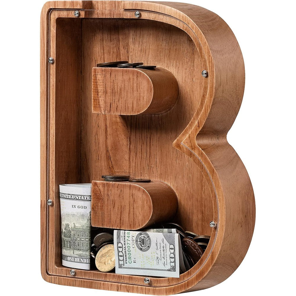 Ladenk wooden letter B piggy bank front view showing transparent acrylic savings window