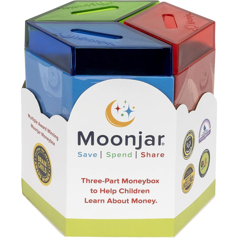 Moonjar Classic educational tin toy moneybox front view showcasing the Save Spend Share compartments.