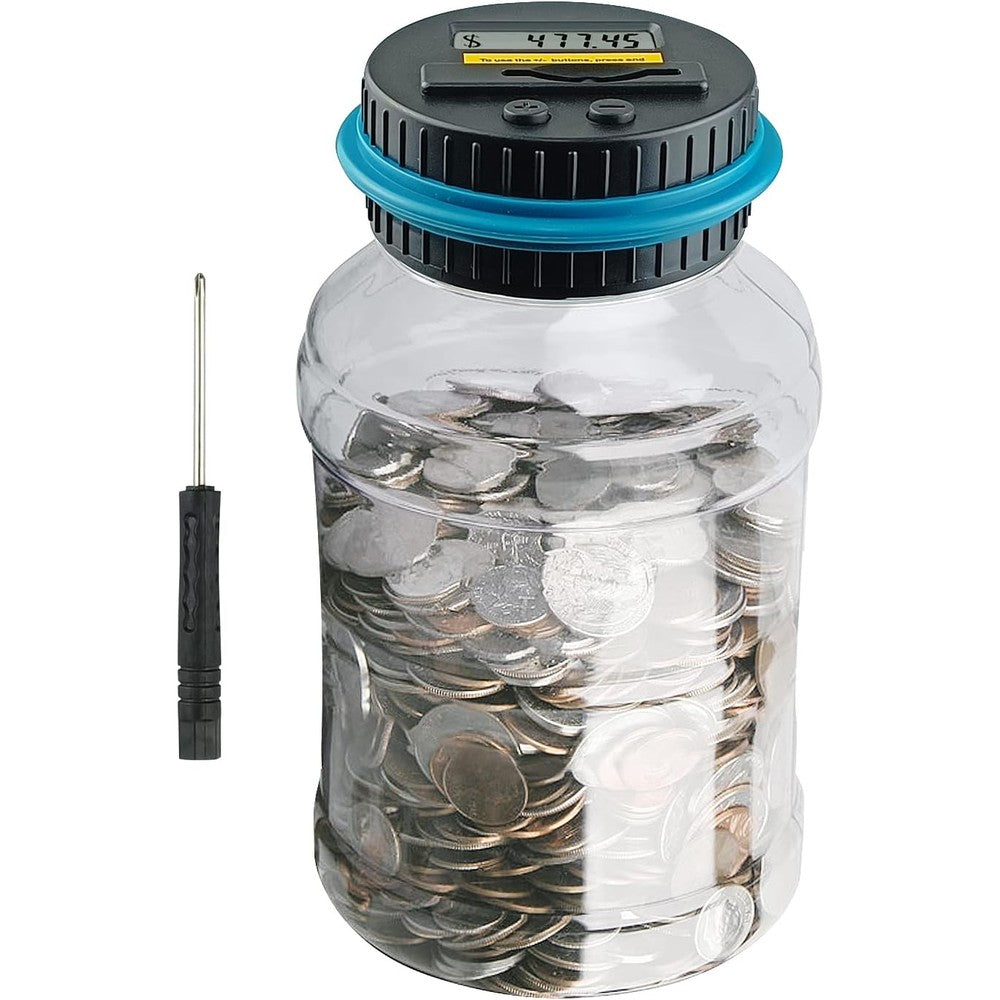 QPEY digital coin counting piggy bank front view showing the clear jar filled with coins.
