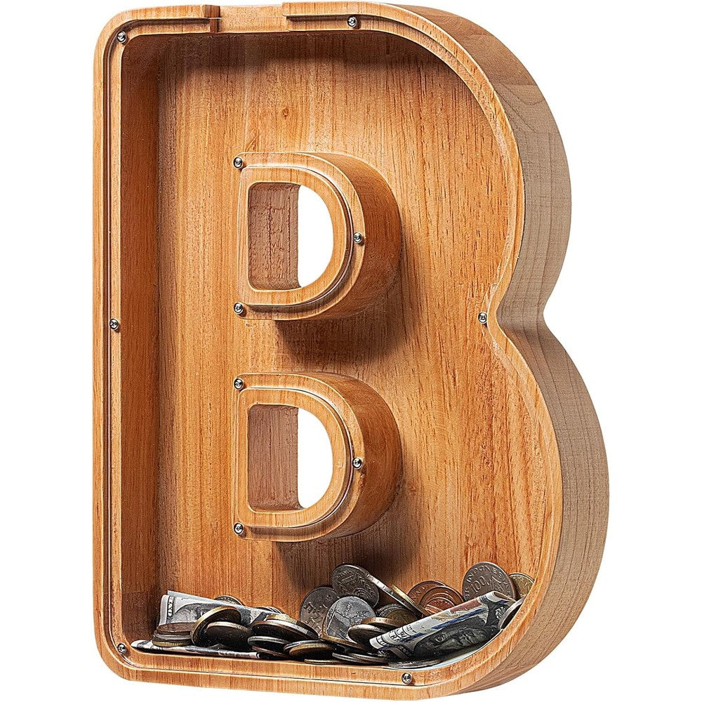 Sulevalt personalized wooden letter piggy bank letter B front view showcasing clear acrylic coin tracking window