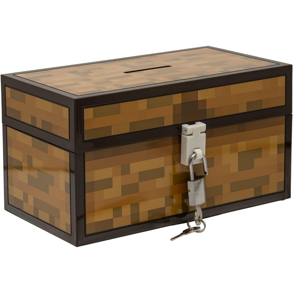 Paladone Minecraft chest money bank front view featuring pixelated block pattern and secure lock.
