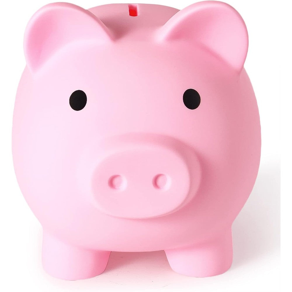 PJDRLLC large plastic piggy bank front view showing pink matte finish and coin slot.