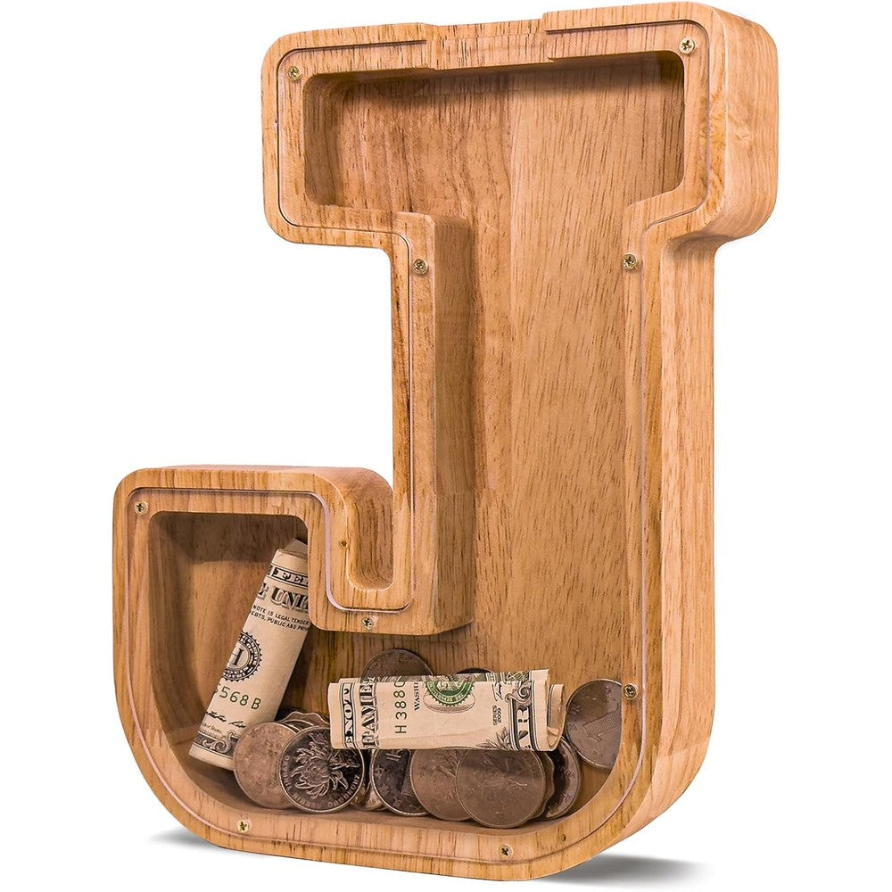 JOOMLAFLY wooden letter piggy bank front view showing transparent panel with coins inside.