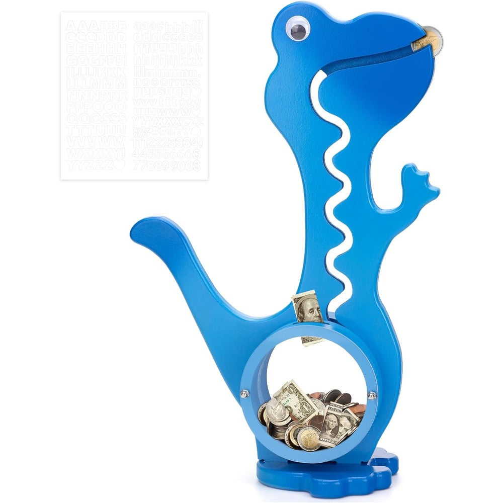 AORCMITN Wooden Dinosaur Piggy Bank front view showcasing the clear blue animal belly full of coins.