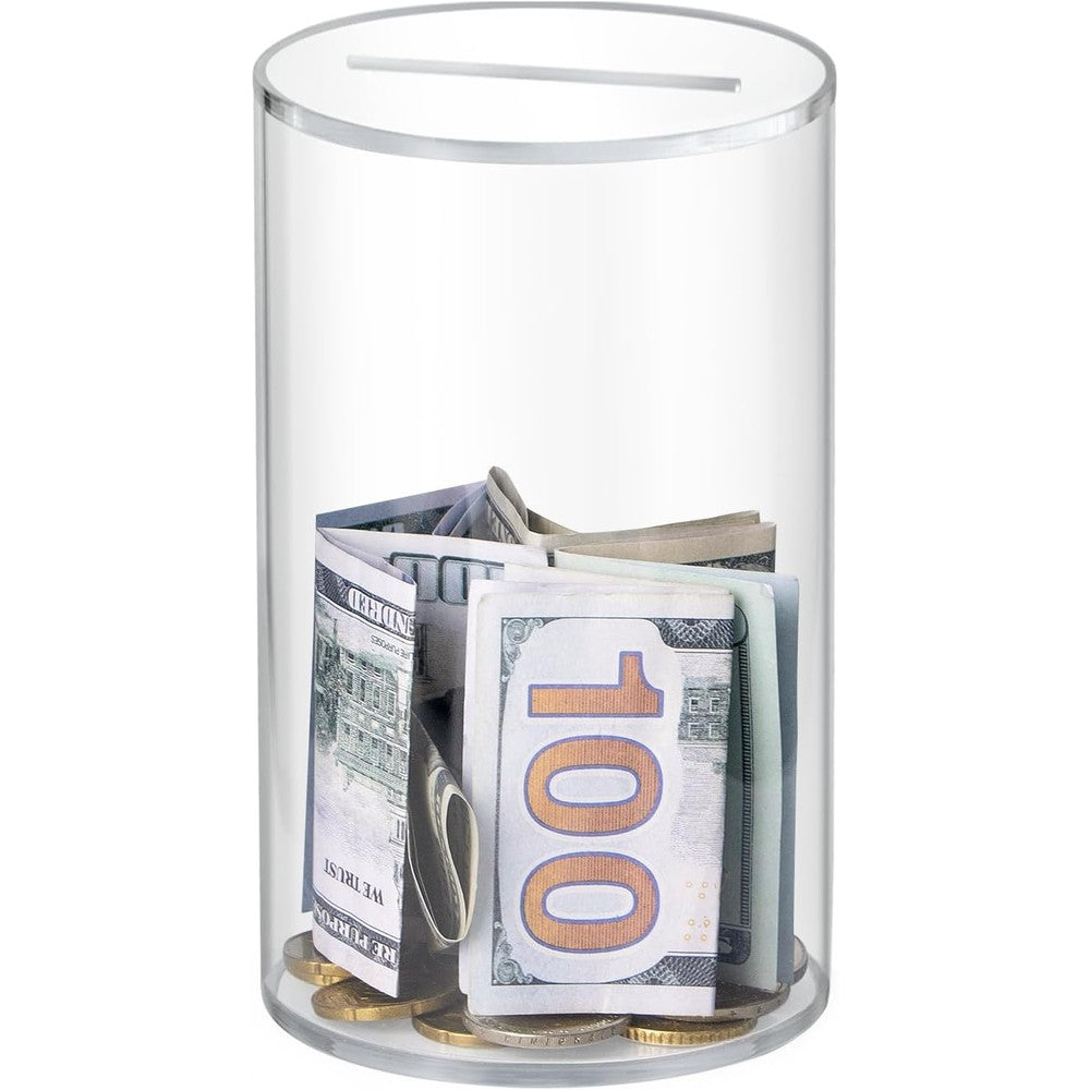 Hicocool clear acrylic piggy bank front view showing transparent cylindrical unopenable body for saving money