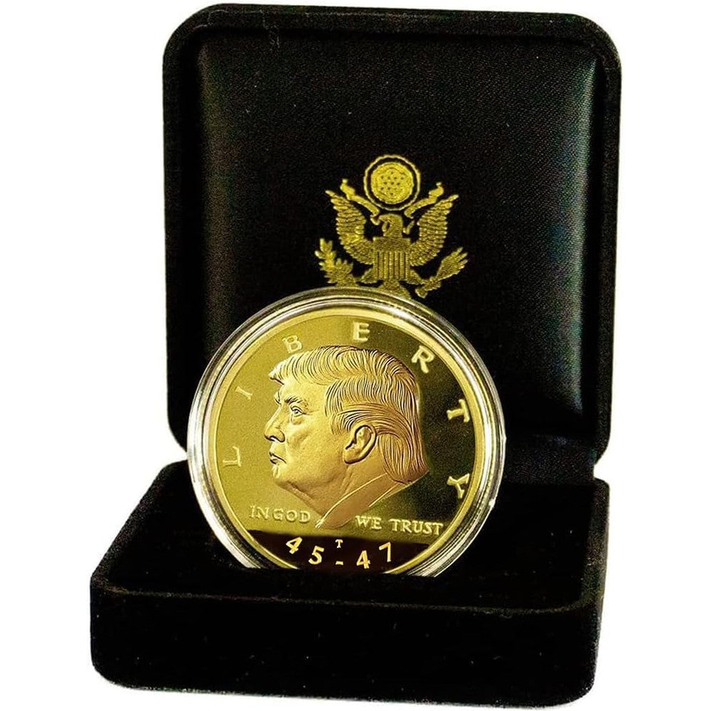eTradewinds Donald Trump gold coin set front view showcasing forty-five forty-seven presidential portrait
