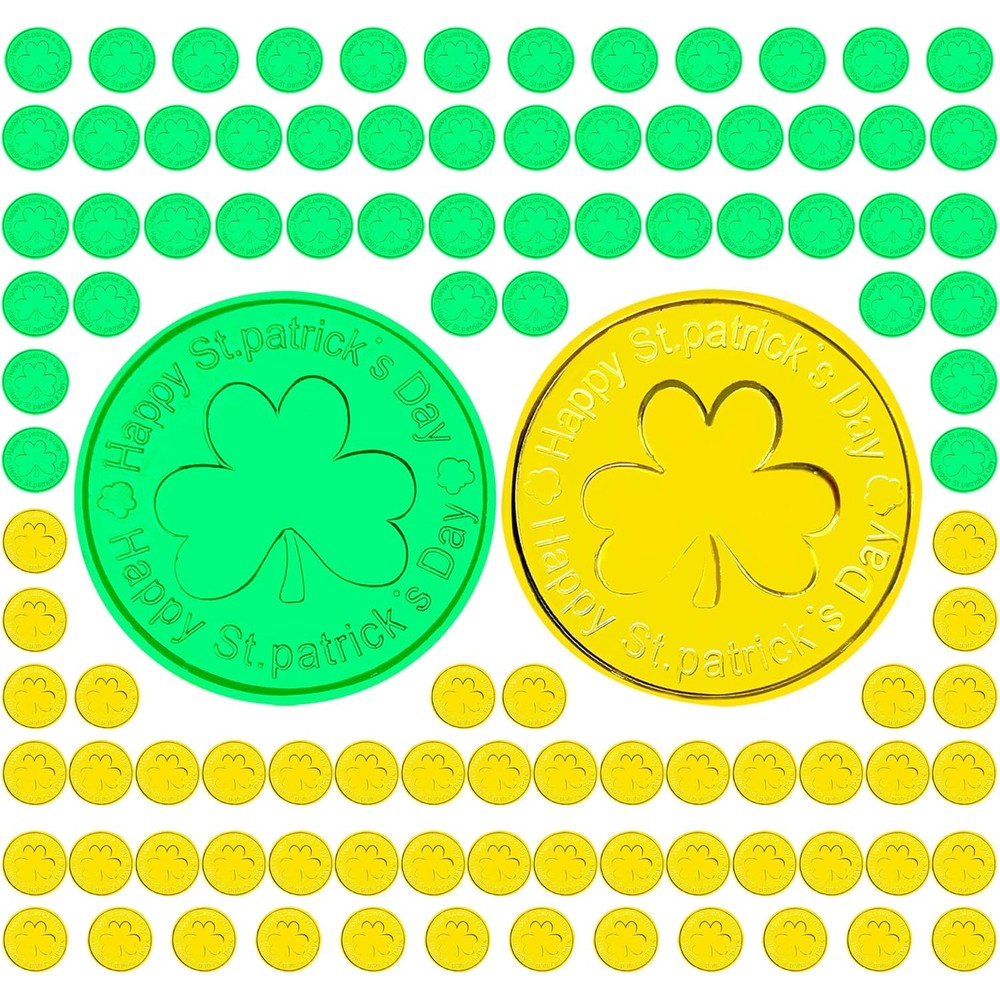 YOOBABOO St Patricks Day decorations coin pack front view showing gold and green shamrock tokens