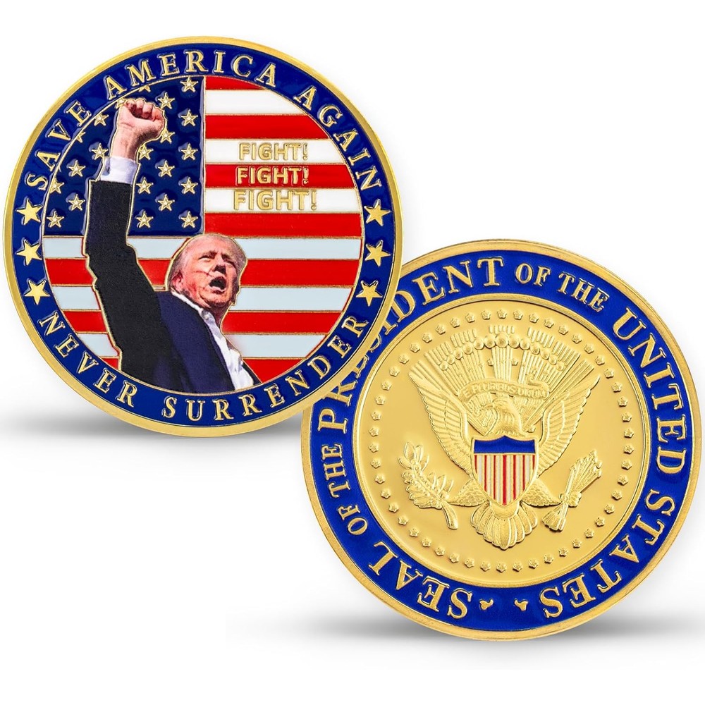 SINBRLAI Donald Trump challenge coin front view showing gold plating and flag pattern