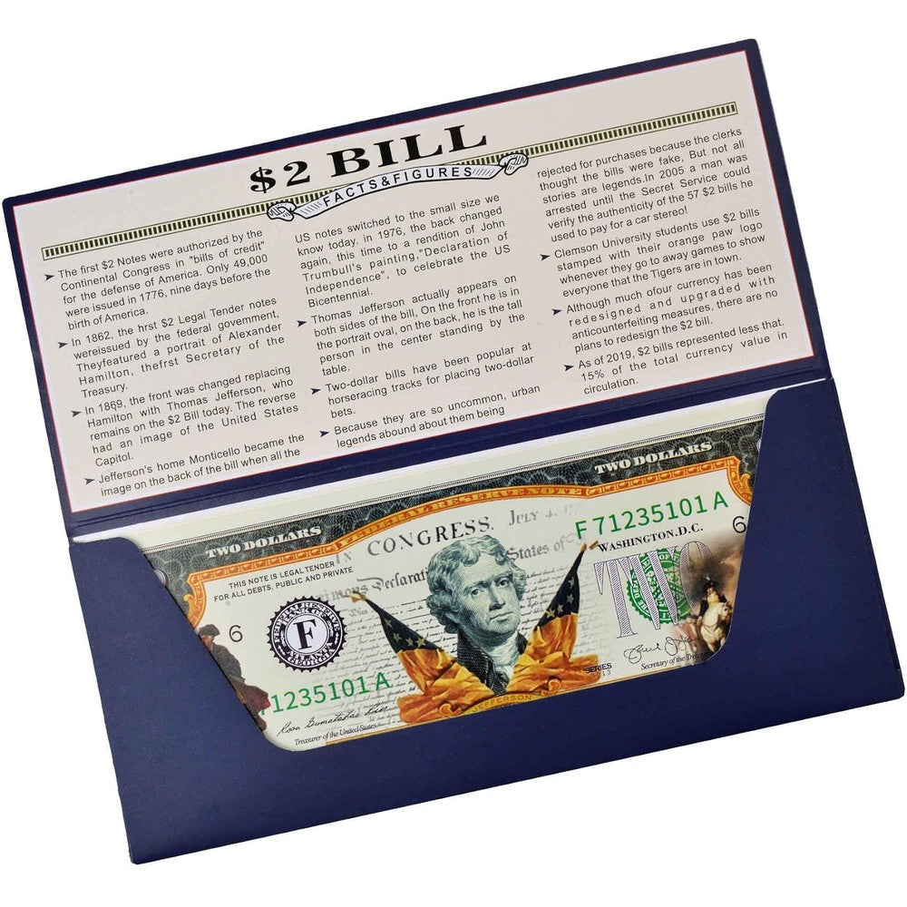 LEKA NEIL 250th Anniversary Collectible Two Dollar Bill front view showing Thomas Jefferson portrait and colorized historic elements