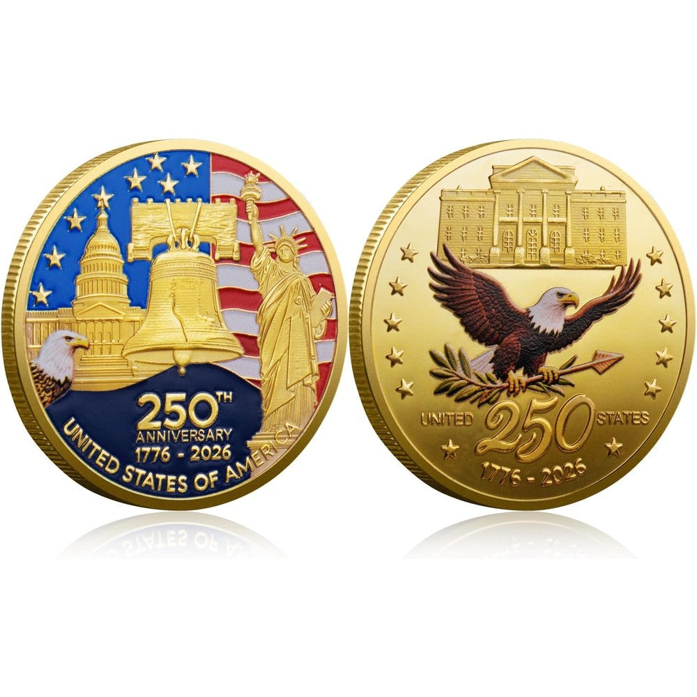 Valorforge Collectibles 250th anniversary coin front view showing golden American flag and liberty bell