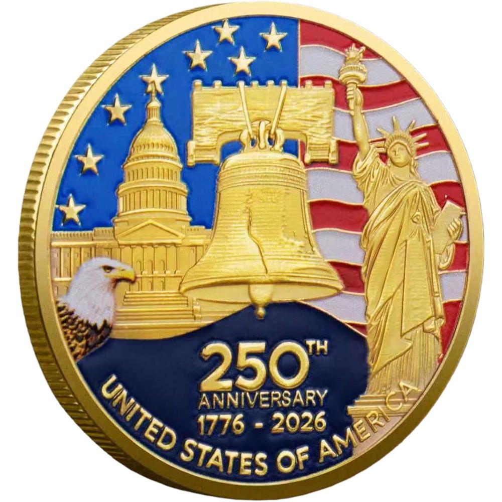 Touzanious USA 250th anniversary commemorative coin front view showing detailed engraving