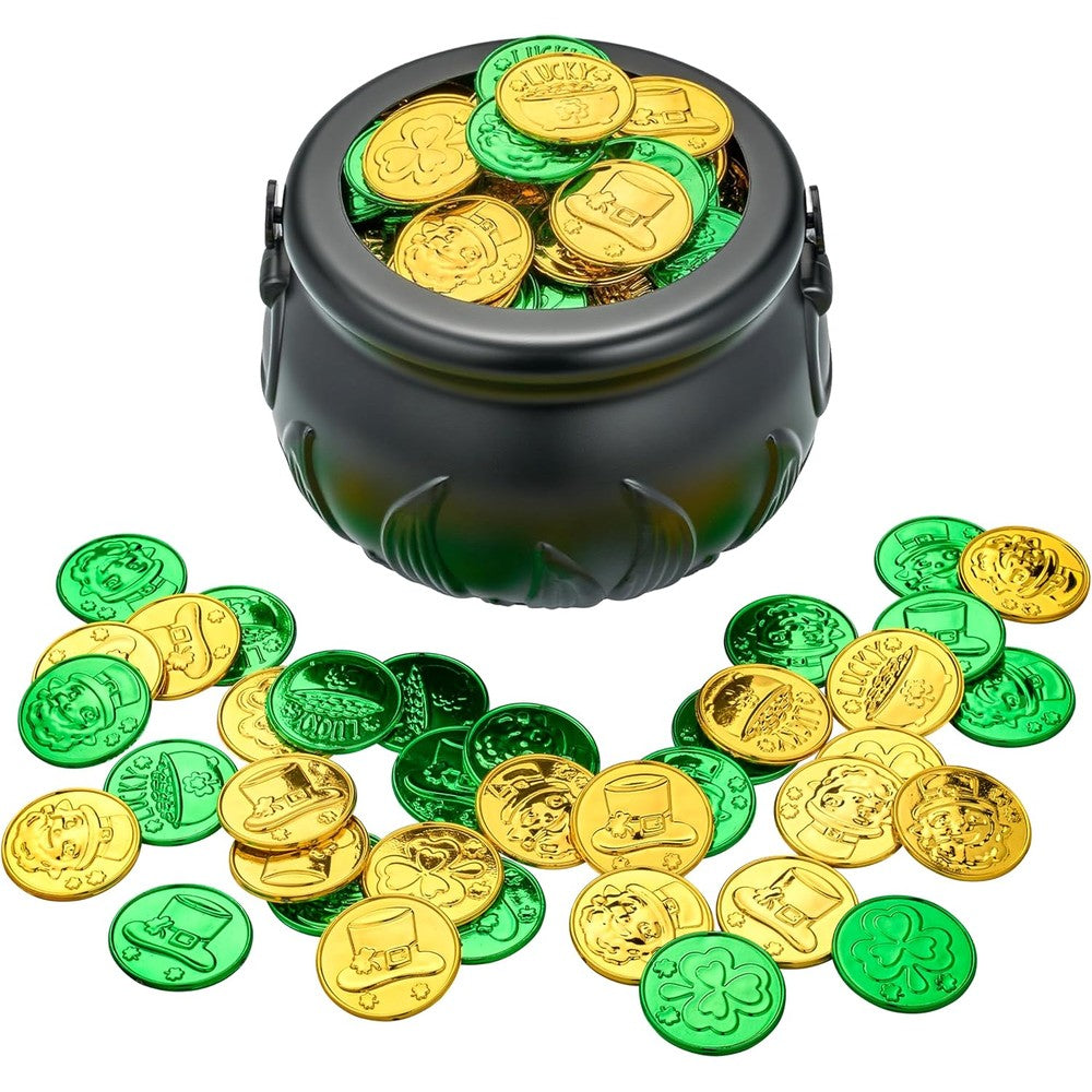 JOYIN St Patricks Day coins and cauldron set front view filled with green and gold luck tokens