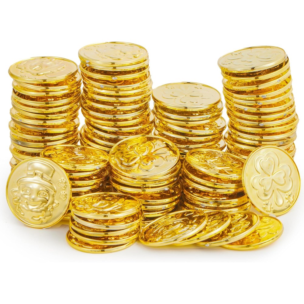 JOYIN St Patricks Day gold coins bulk pack showing detailed front view embossed patterns
