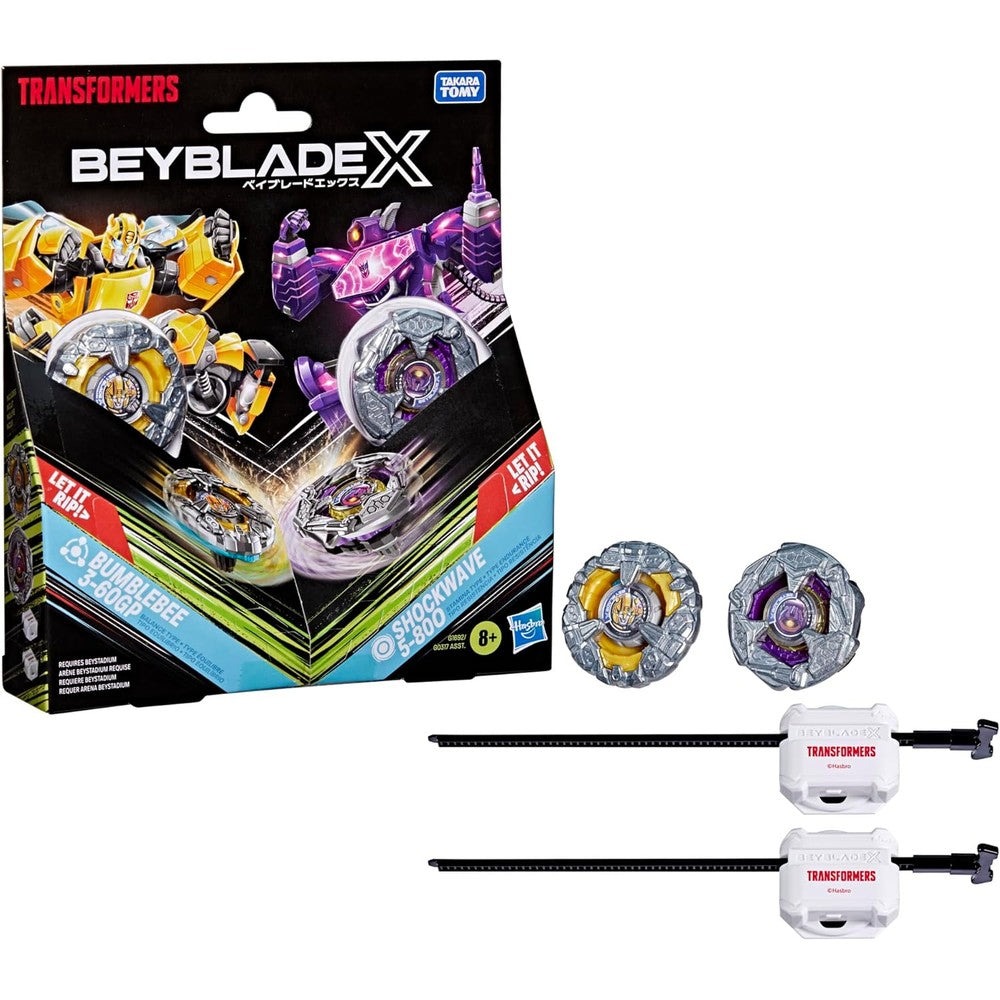 Beyblade X Transformers Bumblebee and Shockwave tops front view