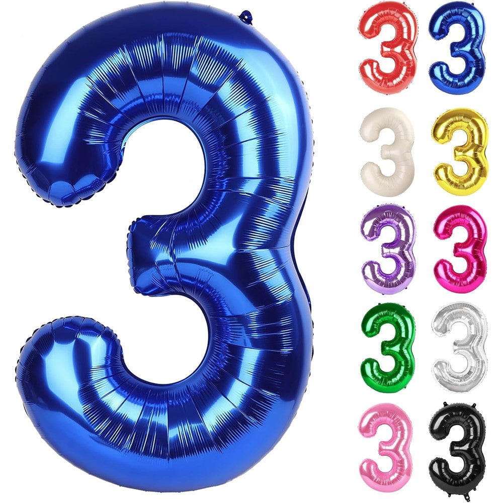 IWERP metallic navy blue number three balloon forty inch front view for third birthday party decorations.