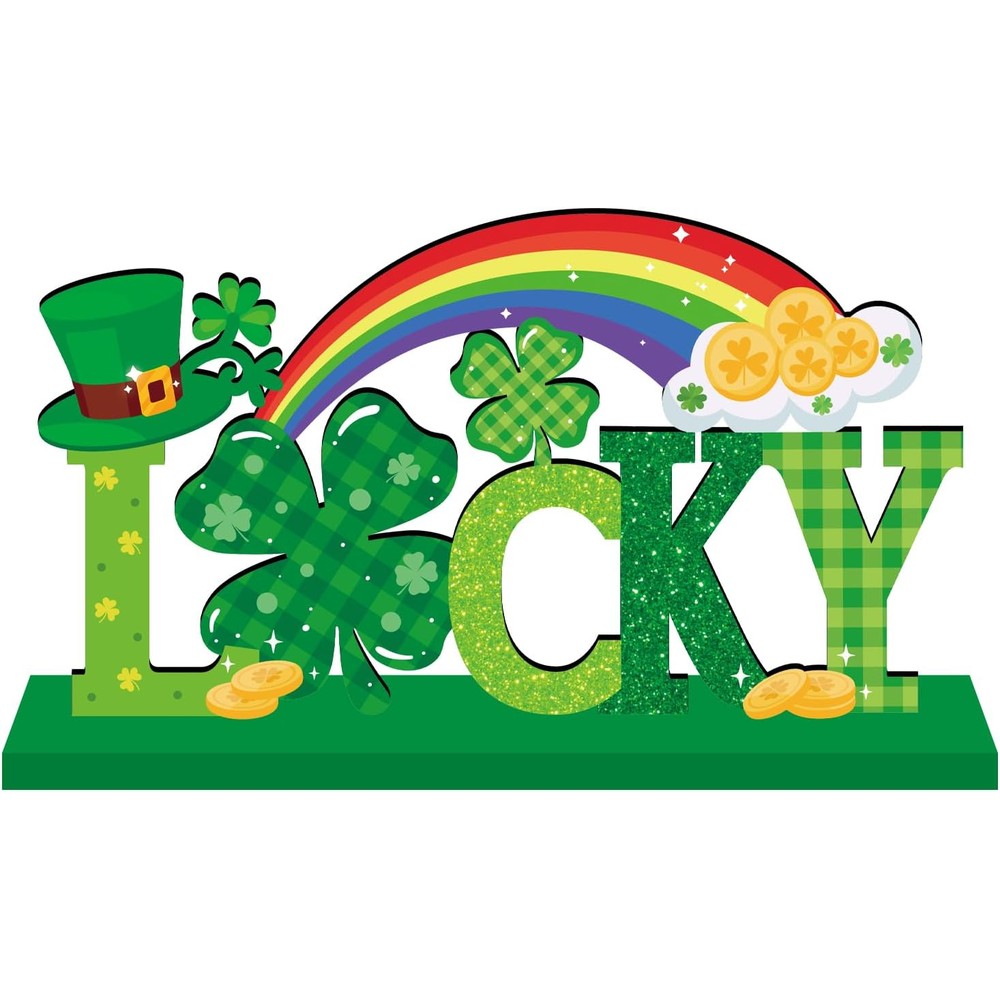 KJLMMQR Saint Patricks Day wooden centerpiece decoration front view on a dining table
