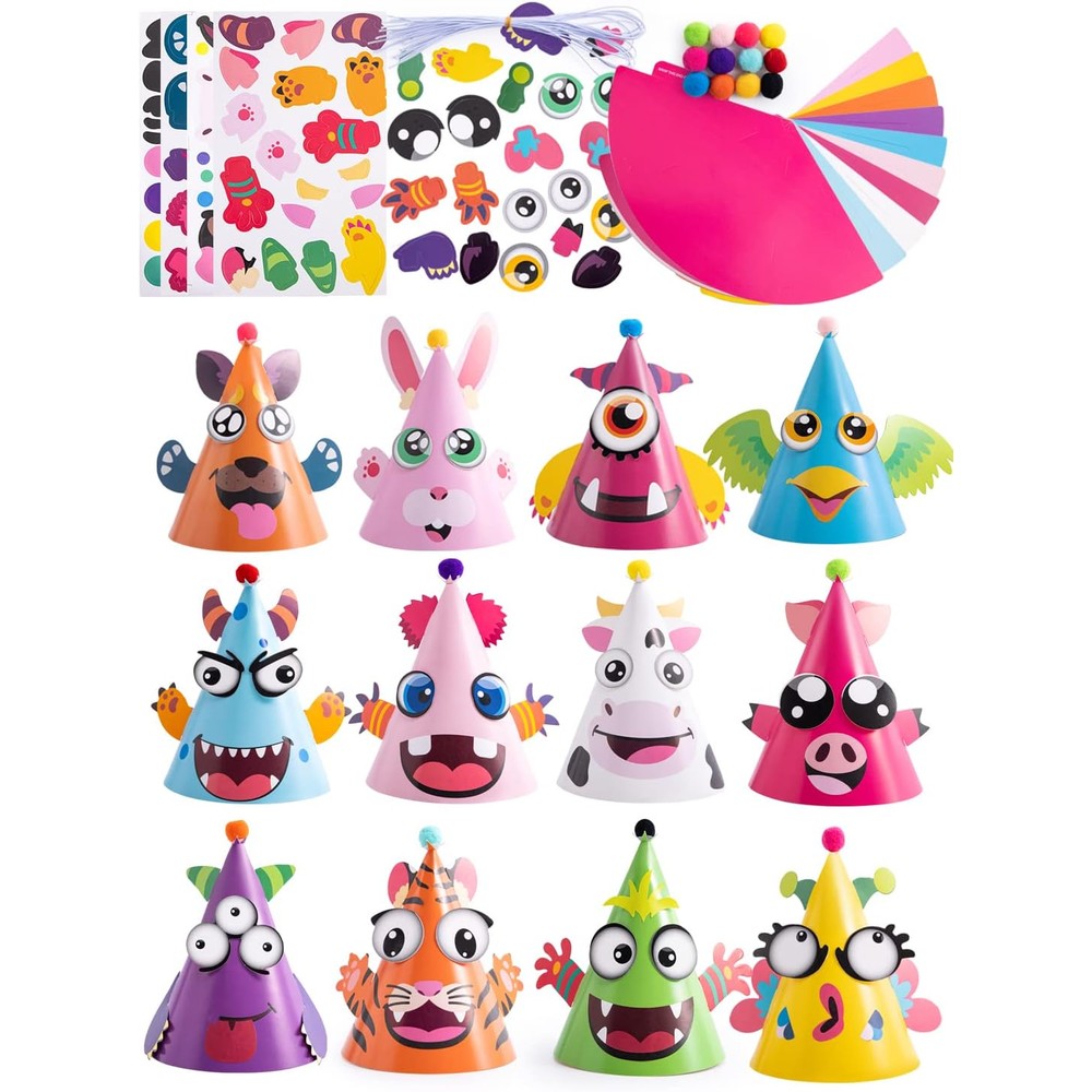 JOYIN animal theme DIY party hats kit front view showcasing twelve colorful paper cones and sticker sheets.