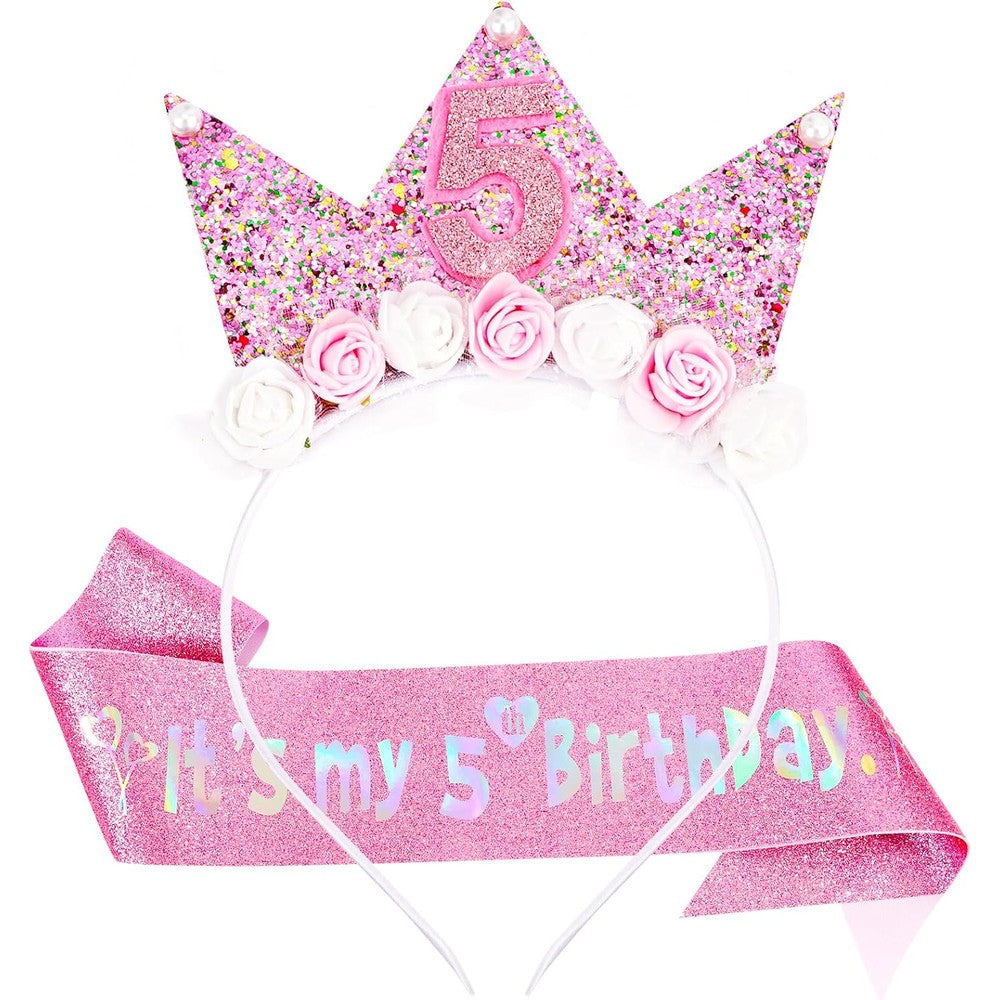 VoVii 5th birthday headband and sash set front view showing pink floral crown with number five