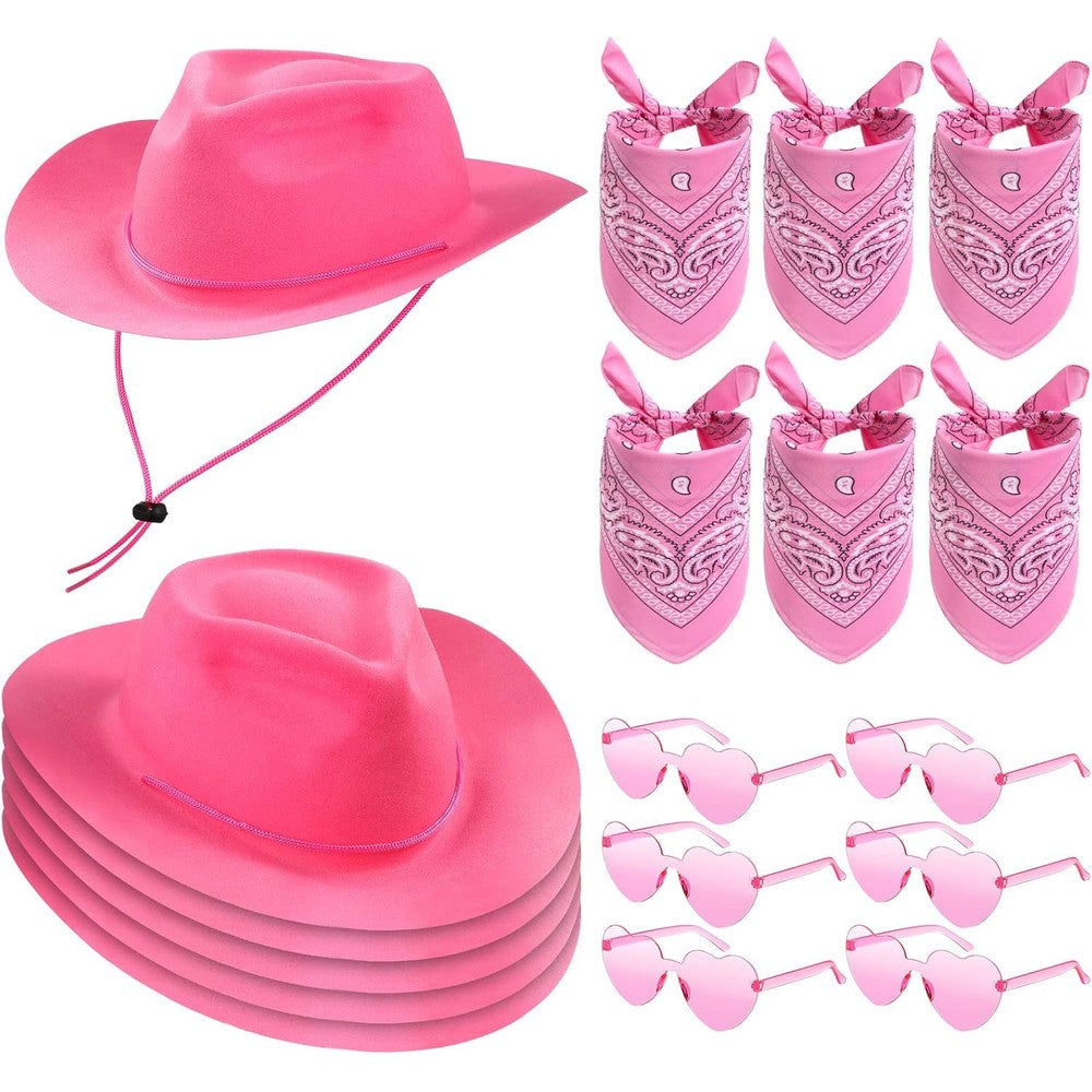 Newcotte 18 Piece Western Cowboy Hat Set front view showcasing six colorful hats bandanas and heart glasses arranged for party display.