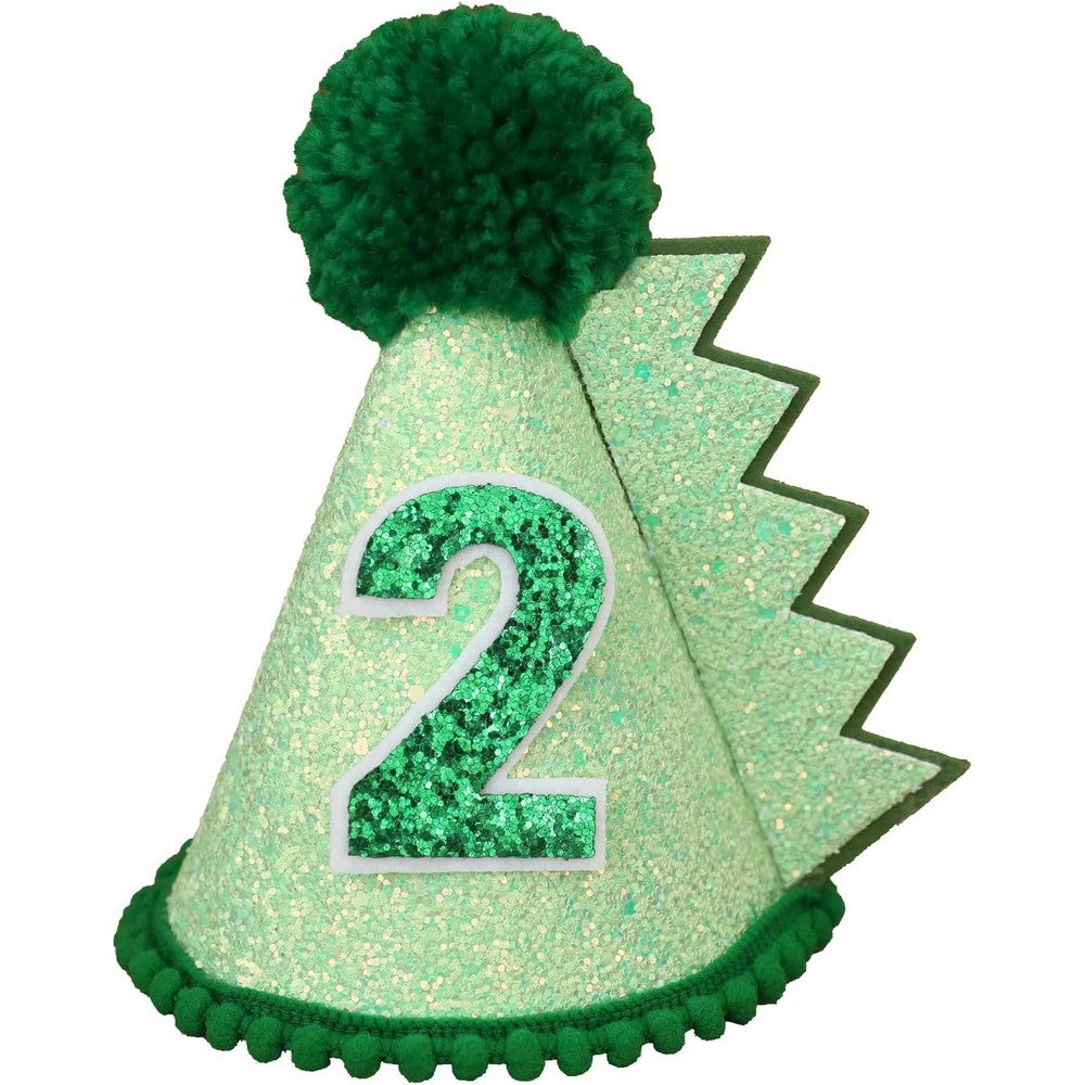 HODIHIWI dinosaur birthday hat green glitter front view for toddlers first birthday party