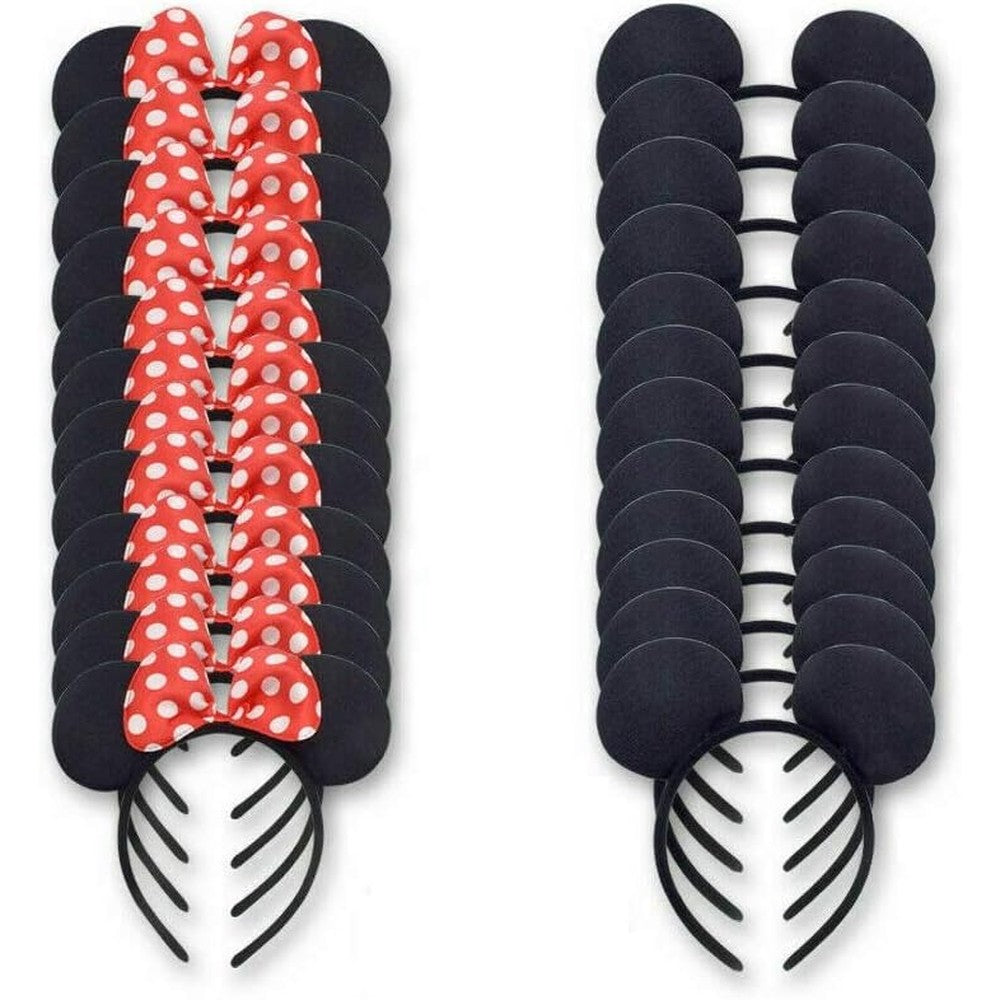 Winvin deluxe fabric mouse ears headband twenty four piece set packaging view featuring black and red polka dot bow styles.