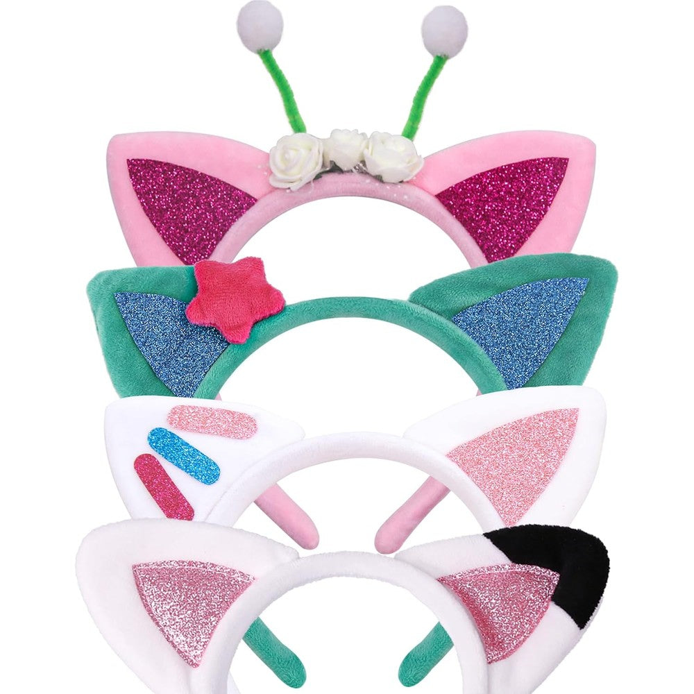 Creatoy Cat Ears Headbands front view of four-piece colorful kids party accessory set.