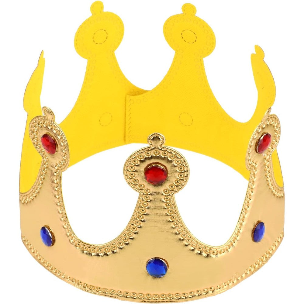 Hariendny prince golden king crown birthday hat front view showcasing gold fabric and colored jewel accents