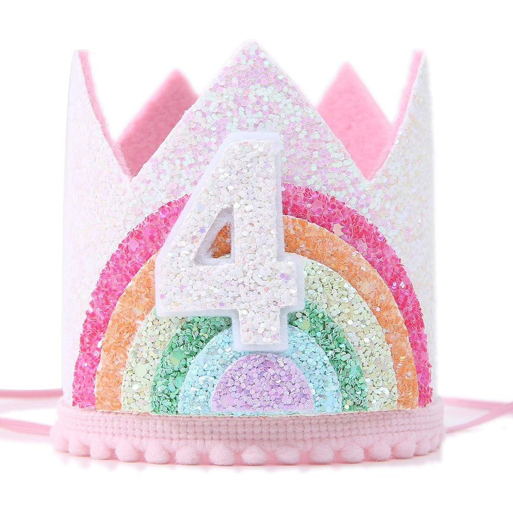 WAWUO rainbow girl crown birthday hat front view featuring glittery pink base and colorful pastel layers