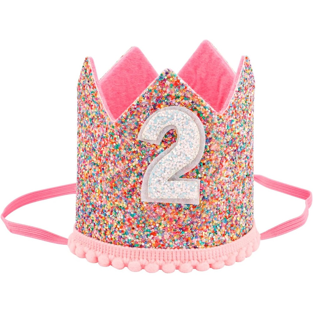SuPoo girl sprinkle birthday hat headband showing the front view of the rainbow glitter princess crown.