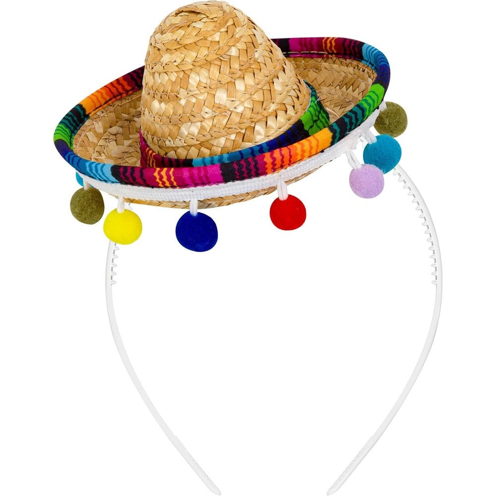 Melisheer mini sombrero party hat headband front view showcasing colorful pom-poms