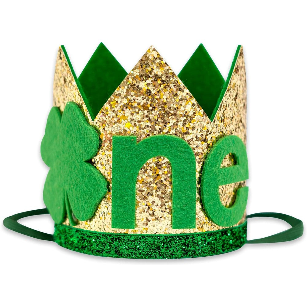 VAVAYAO St Patrick's Day First Birthday Crown front view showing gold glitter body and green shamrock motif.