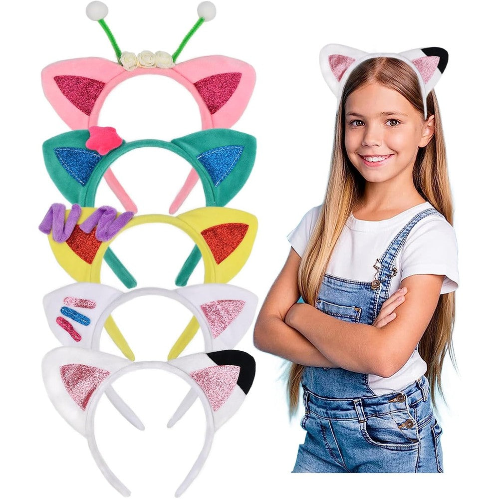 HODRME 5 piece cat ears headband set front view displaying five colorful plush glittery cartoon costume accessories