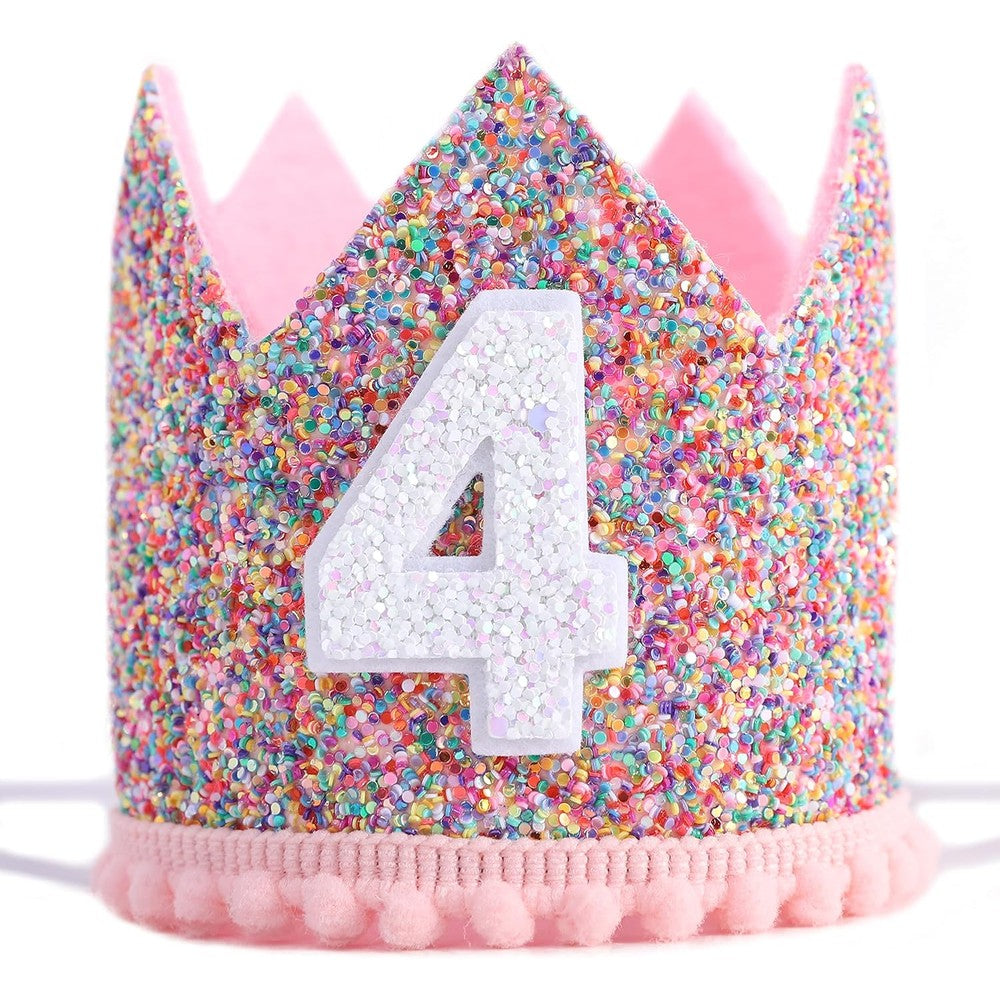 WAHAWU rainbow glitter fourth birthday crown front view showing multicolor confetti design