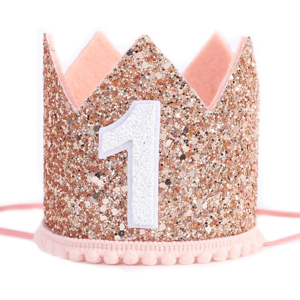 IVYRISE Glitter Birthday Crown front view showing pink and gold sparkles with number one decoration