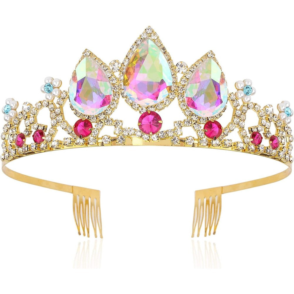 VELSCRUN Girls Rapunzel Crown front view showing multicolored crystal rhinestones on a silver headband