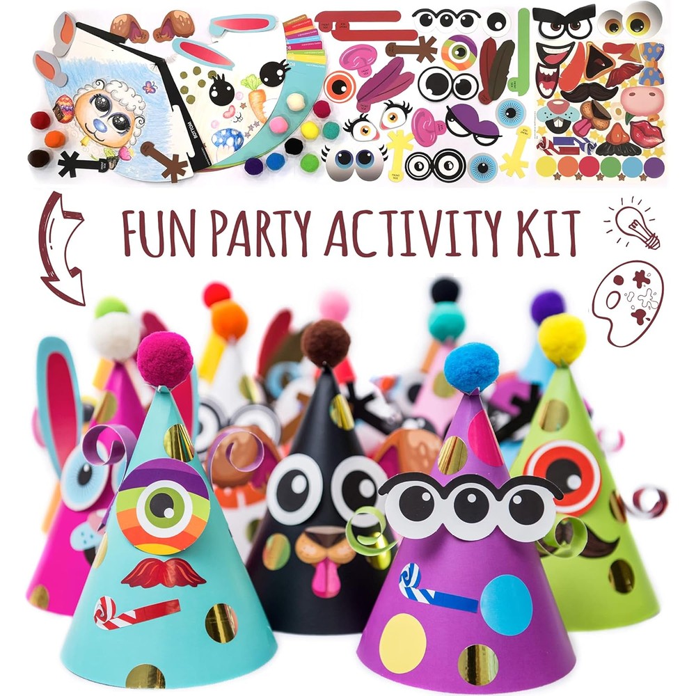 Glittery Garden Party Hats Making Activity Kit front view showing 12 colorful DIY paper craft cones