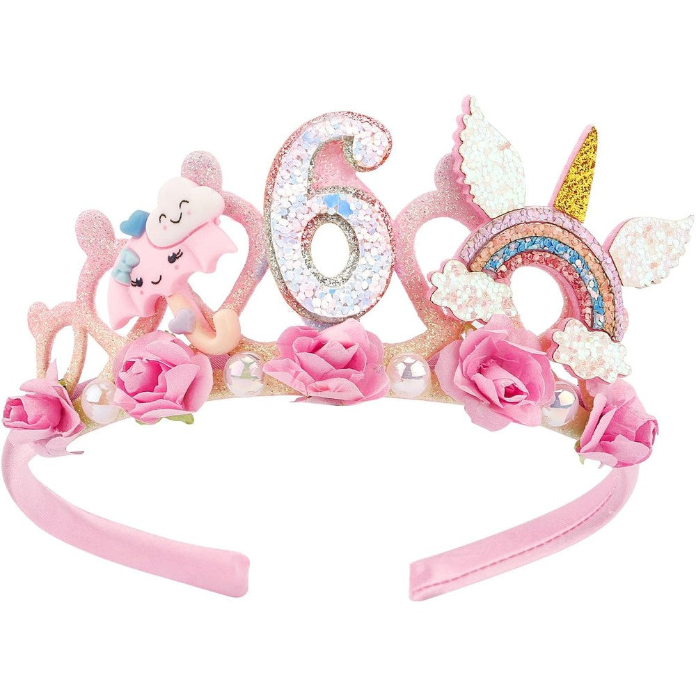 SuPoo 6th Birthday Headband Flower Crown front view showcasing pink glitter tiara decoration