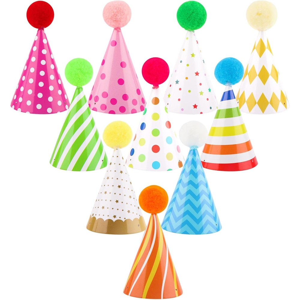 Atiloy mini party hats for stuffed animals front view showing ten colorful paper cone designs with pom-poms.