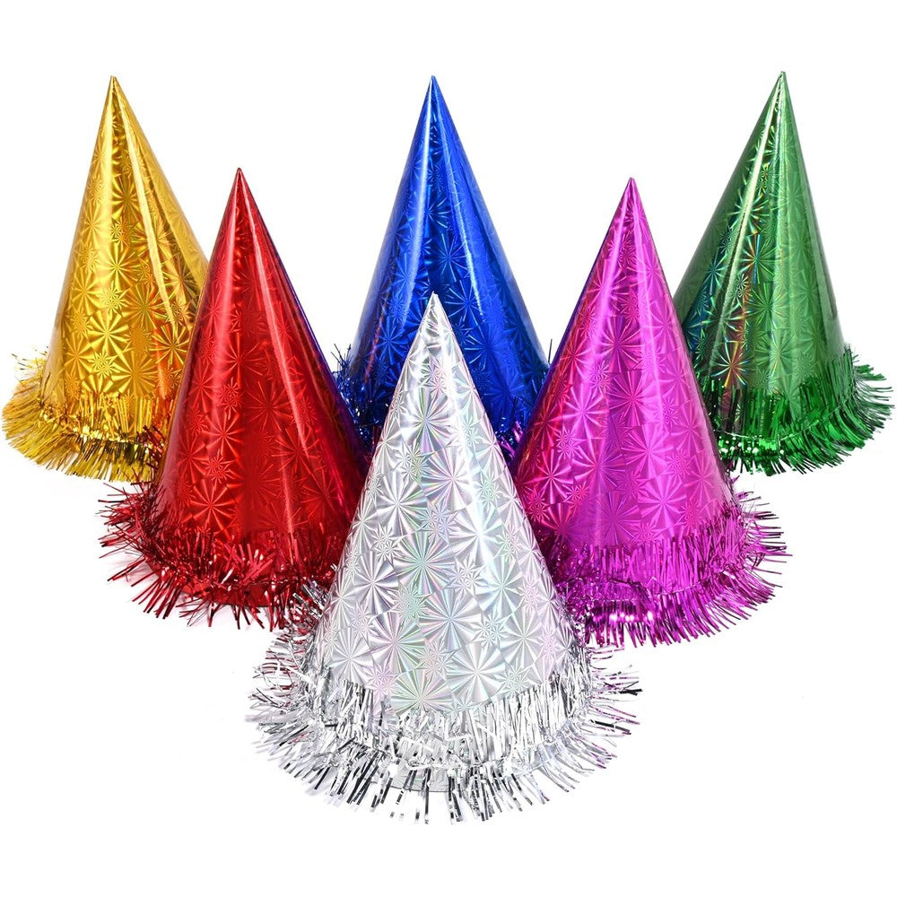 CANREVEL party hats for adults front view showing twelve holographic rainbow cone caps