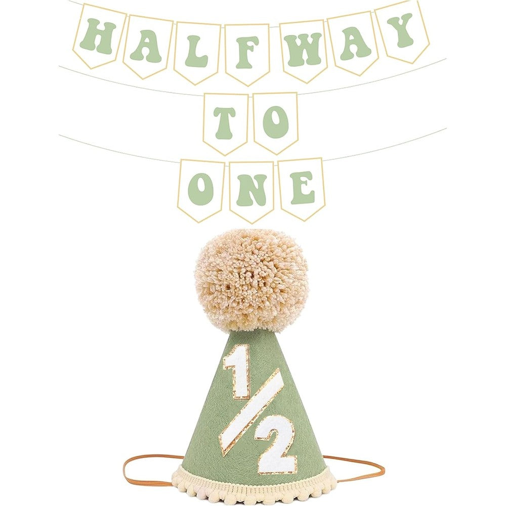Shanmorine Half Way To One Decorations front view of sage green half birthday hat and banner kit.